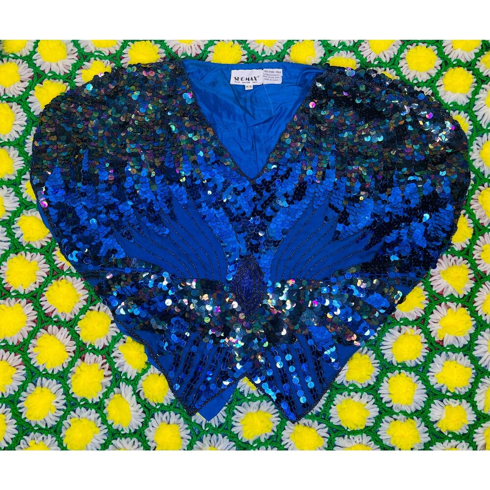 1980’s Shomax Silk Blue Butterfly Sequin Top